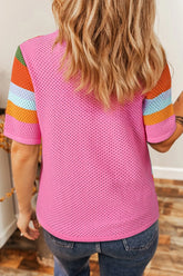 Color Block Eyelet Casual Knit Top OutfitFlow